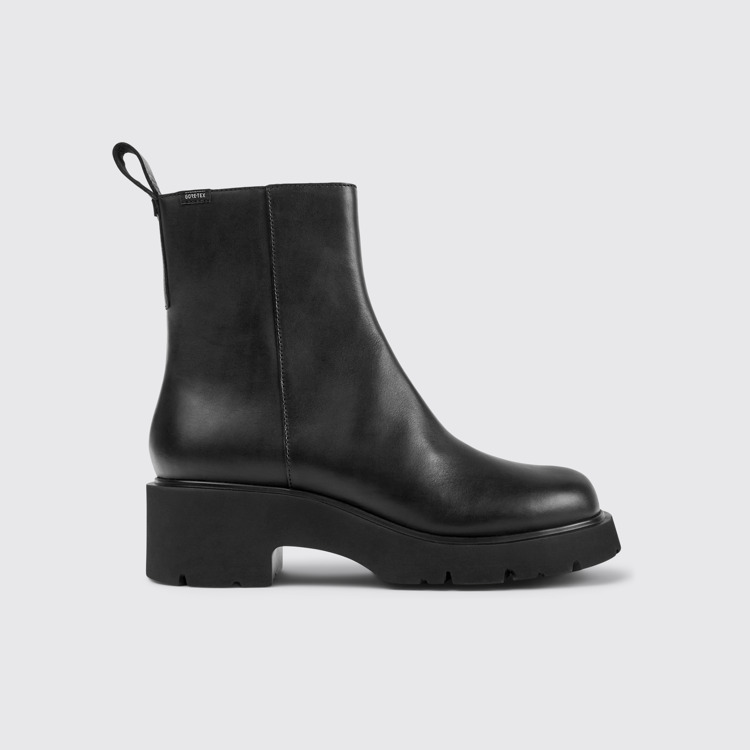 Side view of Milah Black leather zip boots for women