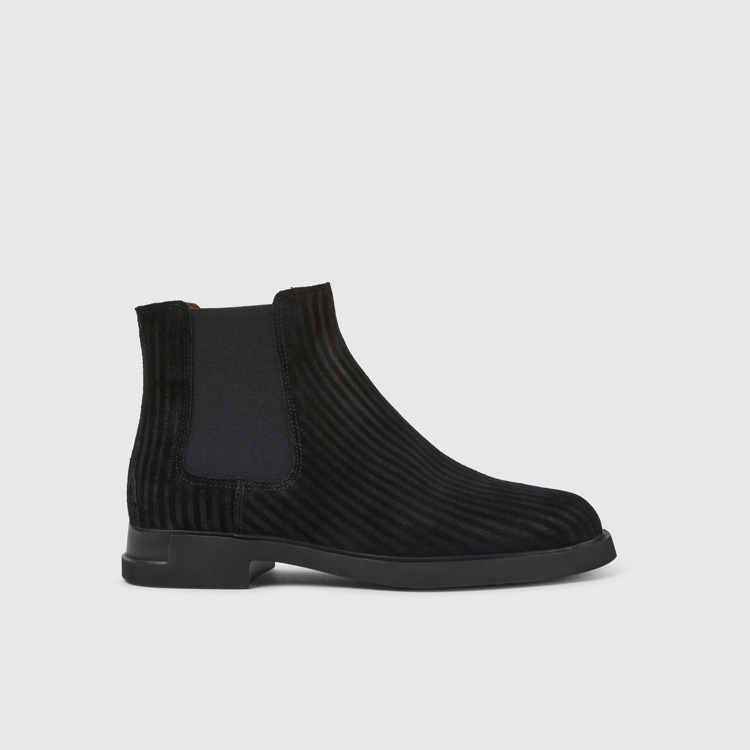 Side view of Iman Black nubuck ankle boots