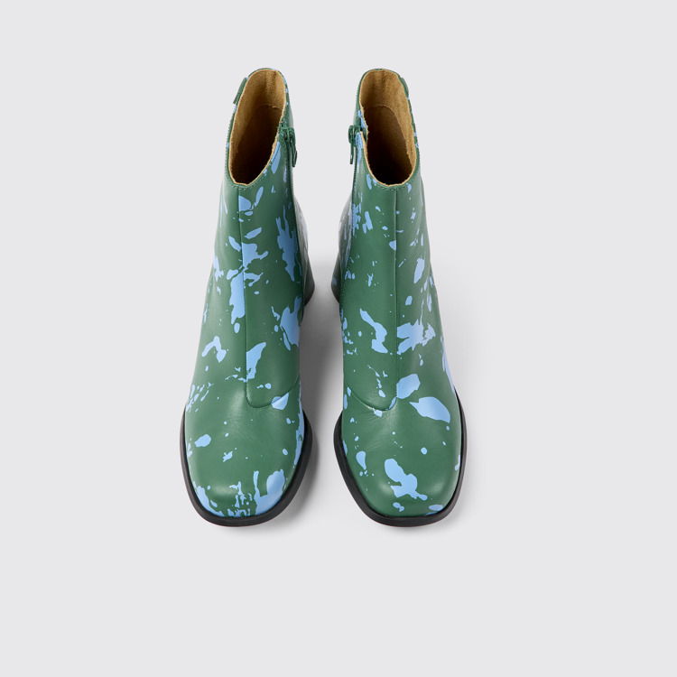 Overhead view of Kiara Green and blue printed leather ankle boots