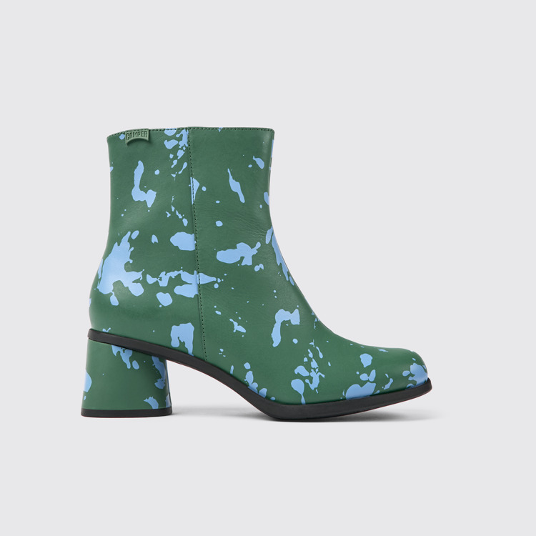 Side view of Kiara Green and blue printed leather ankle boots