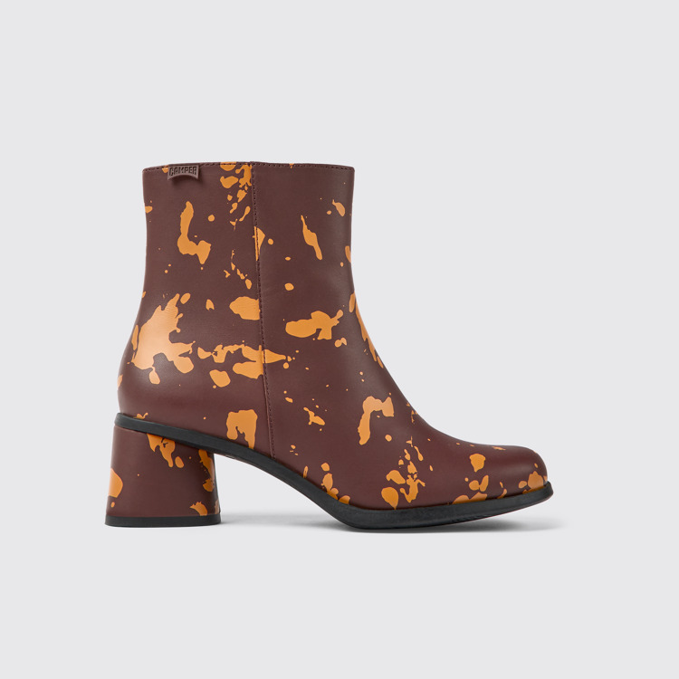 Side view of Kiara Burgundy and orange printed leather ankle boots