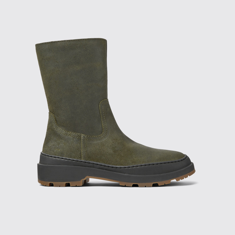 Side view of Brutus Trek Green nubuck ankle boots for women