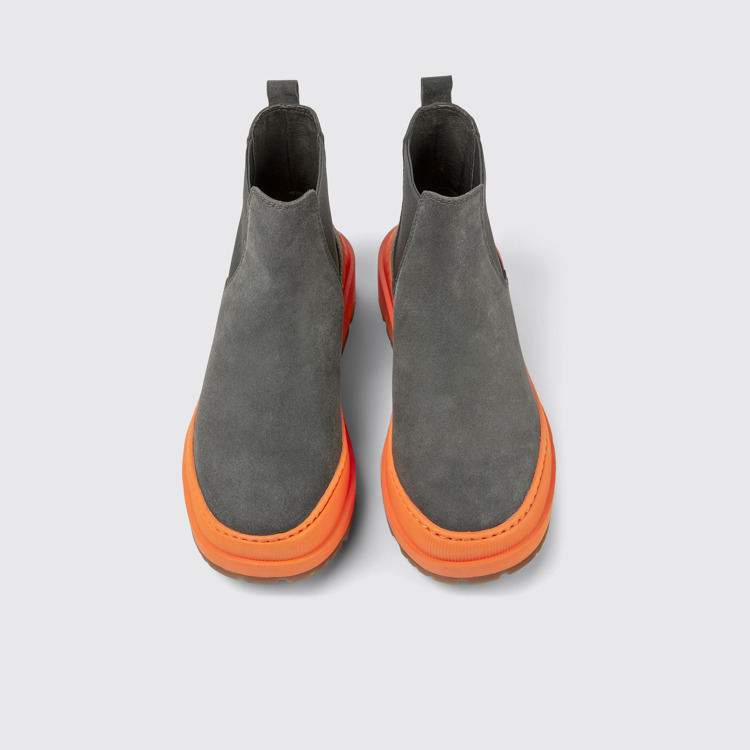 Overhead view of Brutus Trek Dark gray and orange nubuck ankle boots for women