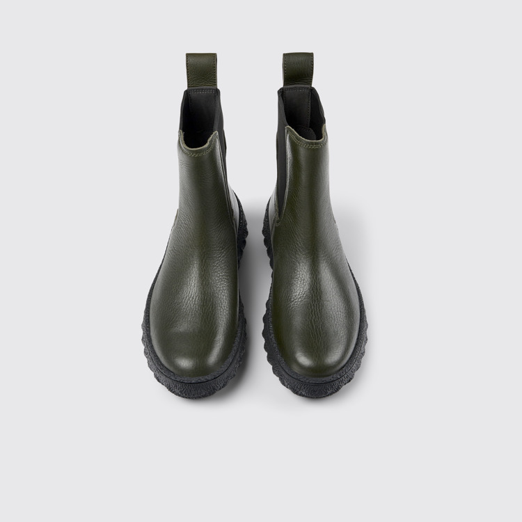 Overhead view of Ground Green leather ankle boots for women