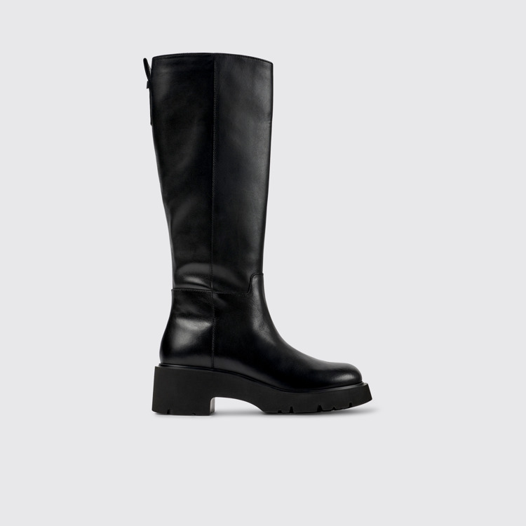 Side view of Milah Black leather high-boots for women