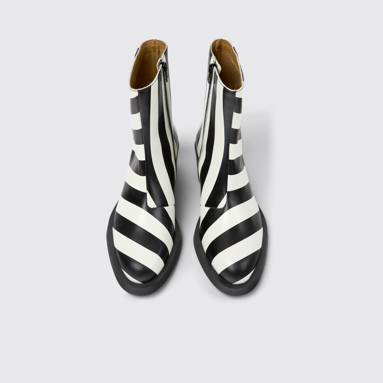 Overhead view of Bonnie Black and white striped leather boots for women