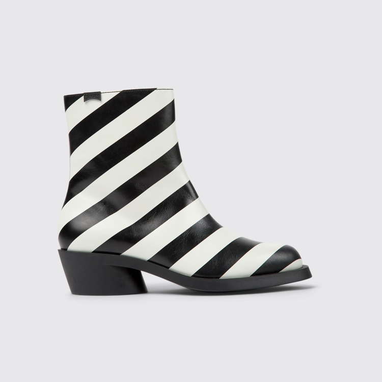 Side view of Bonnie Black and white striped leather boots for women