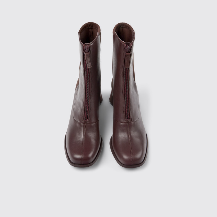 Overhead view of Kiara Burgundy leather and recycled PET boots for women