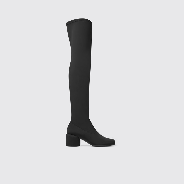 Side view of Niki Black recycled PET knee high boots for women