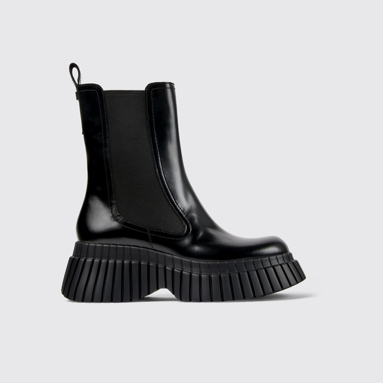 Side view of BCN Black leather chelsea boots for women