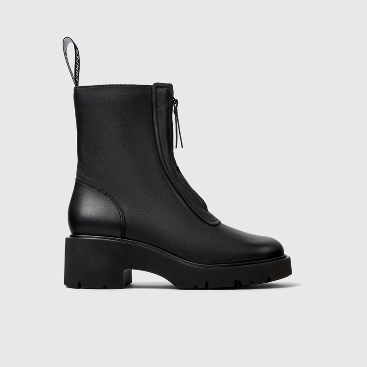 Side view of Milah Black leather zip boots for women