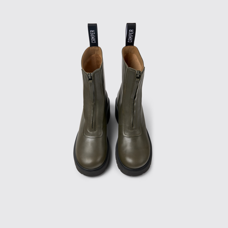 Overhead view of Milah Green leather zip boots for women