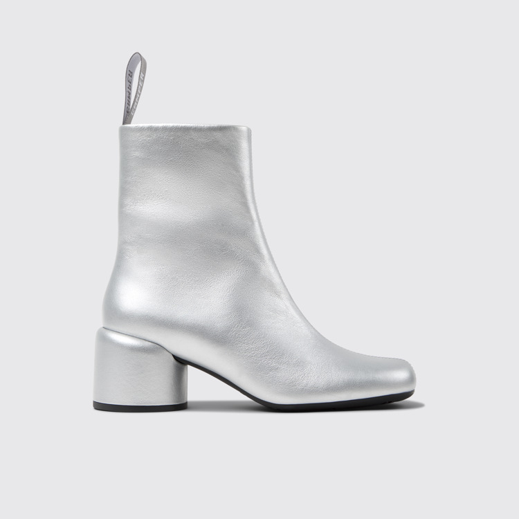 Side view of Niki Silver Leather Ankle Boots for Women.