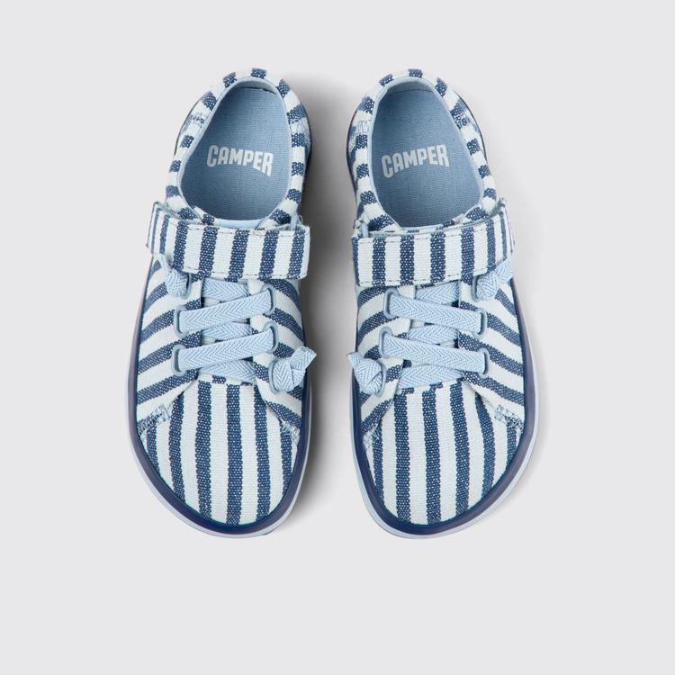 Overhead view of Peu Rambla Blue striped recycled cotton shoes for kids