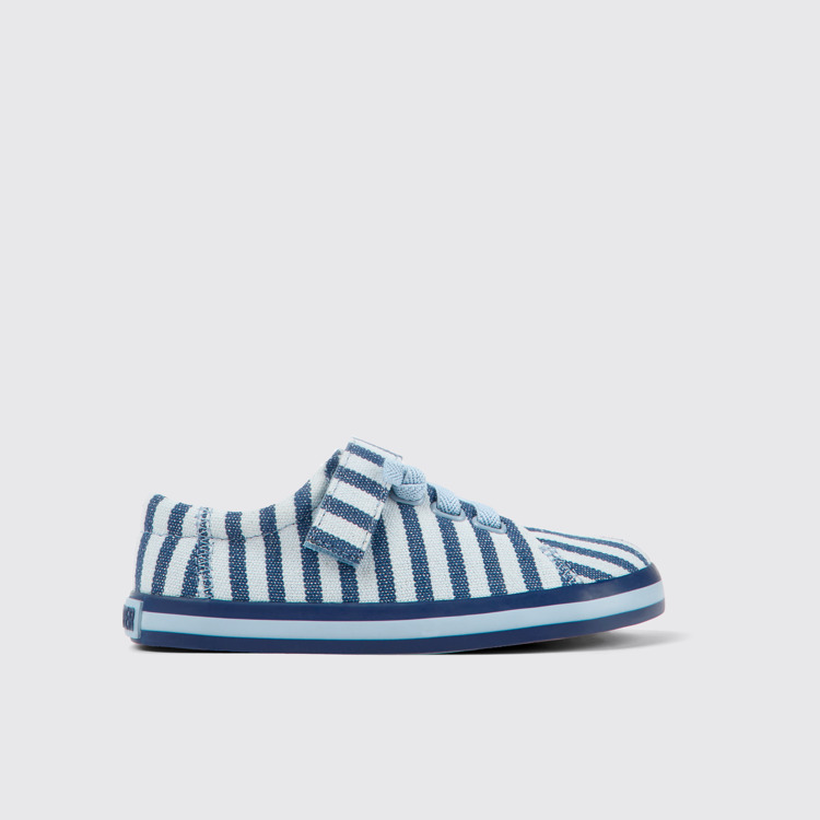 Side view of Peu Rambla Blue striped recycled cotton shoes for kids