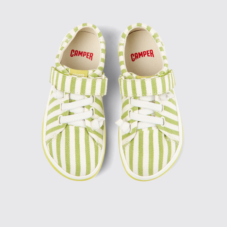 Overhead view of Peu Rambla Green and white striped recycled cotton shoes for kids