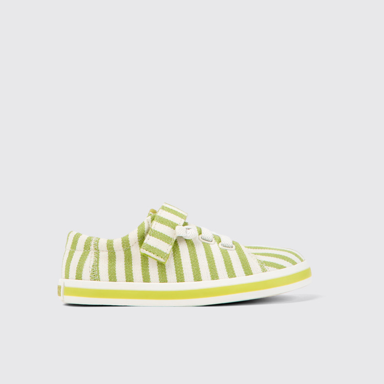 Side view of Peu Rambla Green and white striped recycled cotton shoes for kids