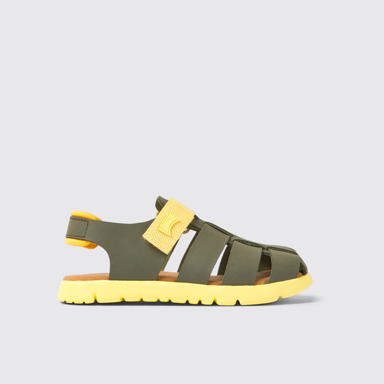 Side view of Oruga Green and yellow leather sandals for kids