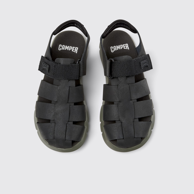 Overhead view of Oruga # Black Leather and Textile Kids' Sandal.