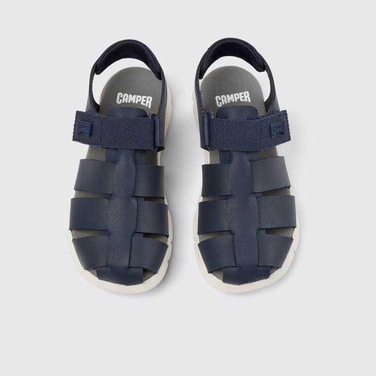 Overhead view of Oruga Blue Leather and Textile Sandals for Kids.