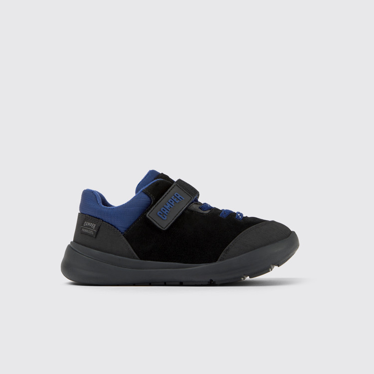 Side view of Ergo Black, blue, and grey nubuck and textile shoes