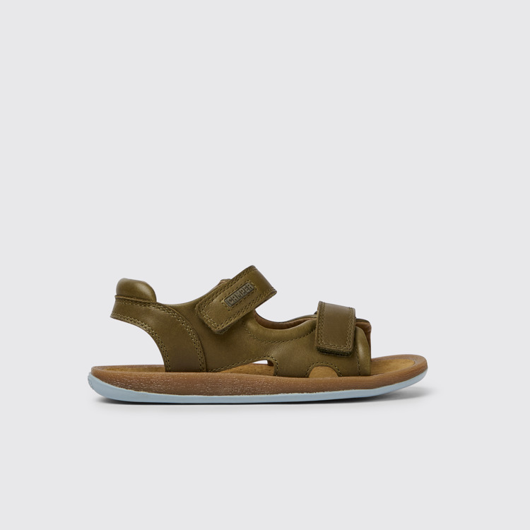 Side view of Bicho Green leather sandals for kids