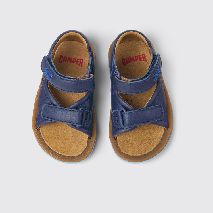 Overhead view of Bicho Navy blue leather sandals for kids