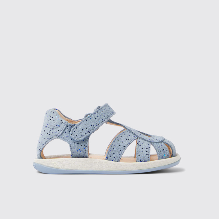 Side view of Bicho Blue nubuck sandals for kids