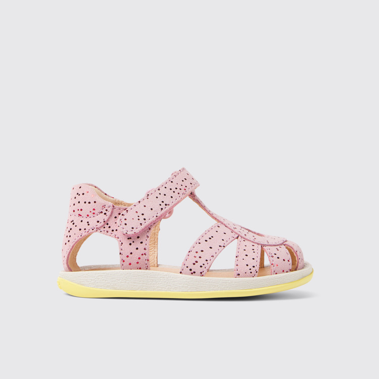 Side view of Bicho Pink nubuck sandals for kids