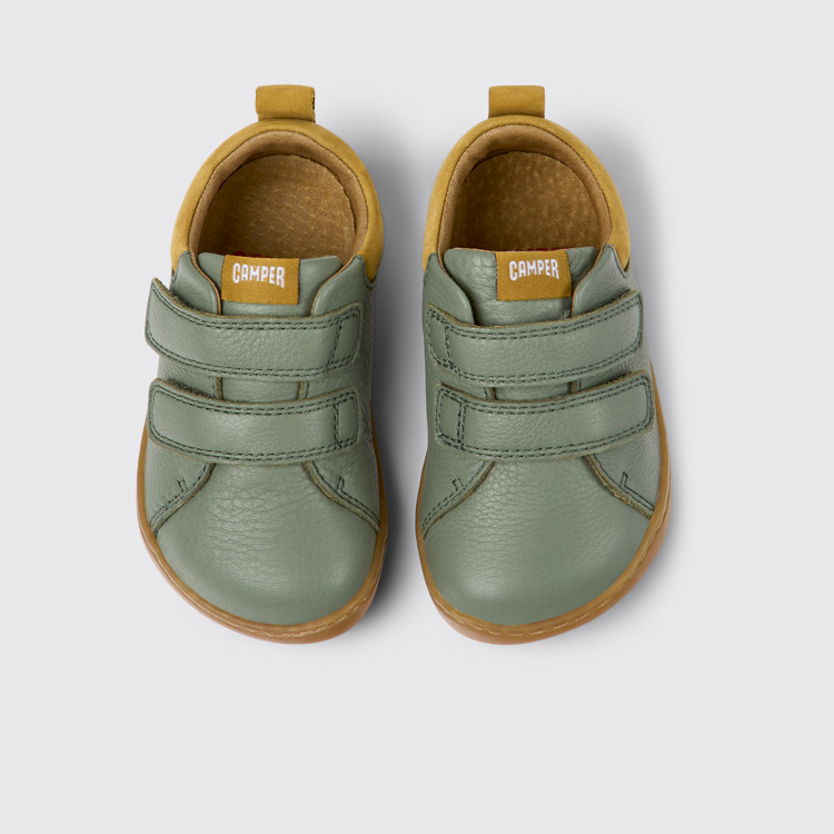 Overhead view of Peu Green leather shoes for kids