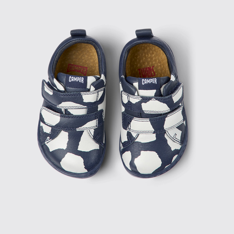 Overhead view of Twins Blue and white leather shoes for kids