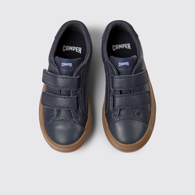 Overhead view of Pursuit Blue leather and nubuck sneakers for kids