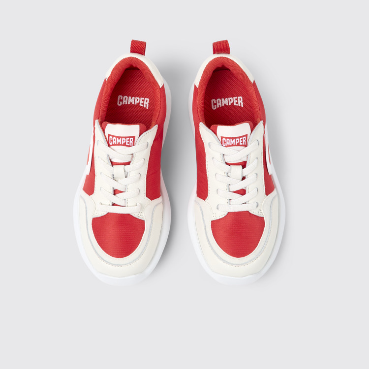 Overhead view of Driftie Red and white textile and leather sneakers for kids