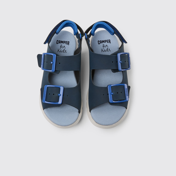 Overhead view of Oruga Blue leather sandals for kids