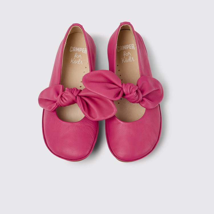 Overhead view of Right Pink leather ballerinas for girls