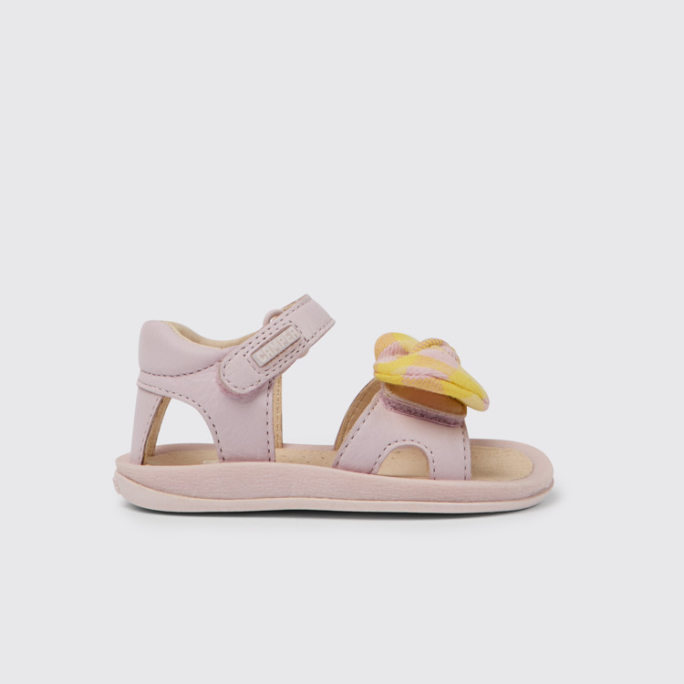 Side view of Bicho Pink and yellow sandals for kids