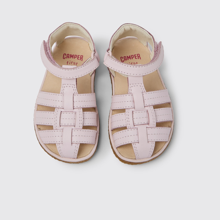 Overhead view of Miko Pink leather sandals for girls