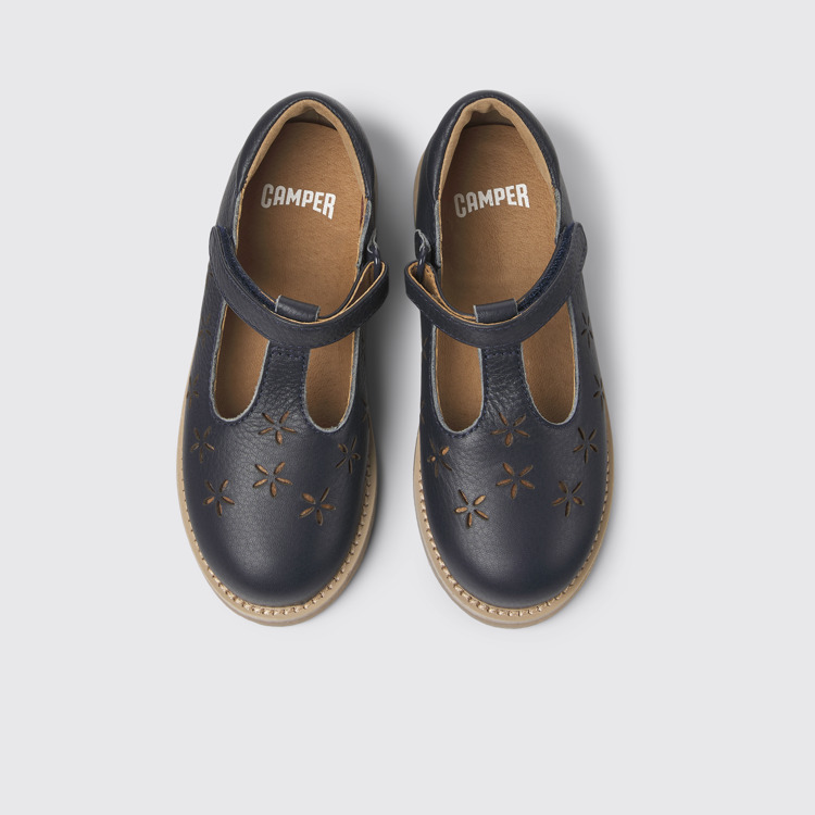 Overhead view of Savina Navy blue leather shoes for kids