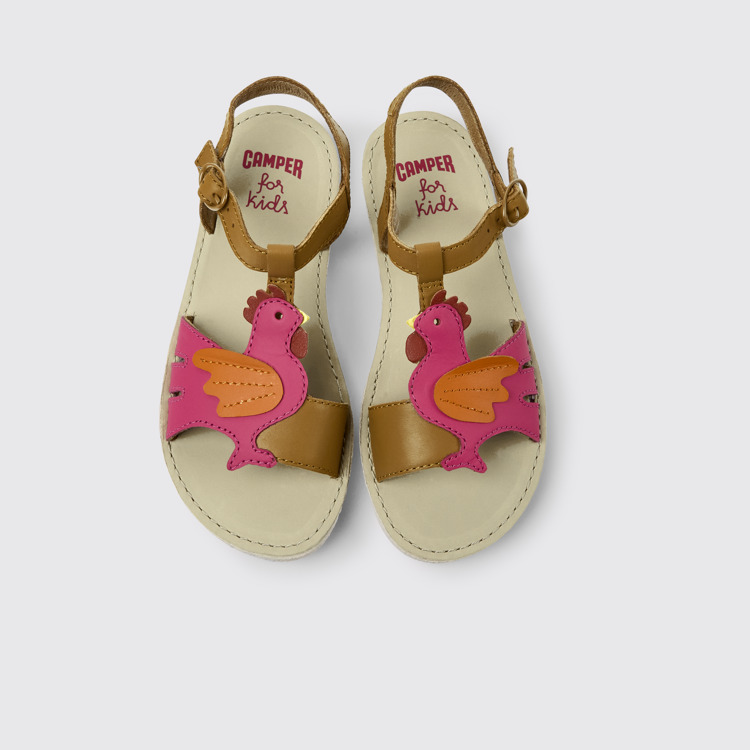 Overhead view of Miko Brown and pink leather sandals for girls