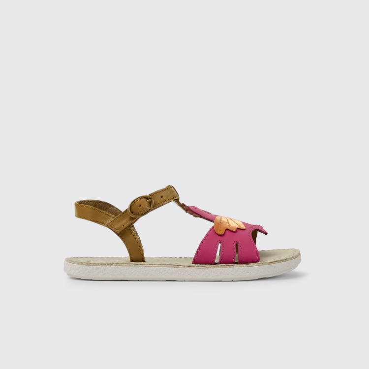 Side view of Miko Brown and pink leather sandals for girls