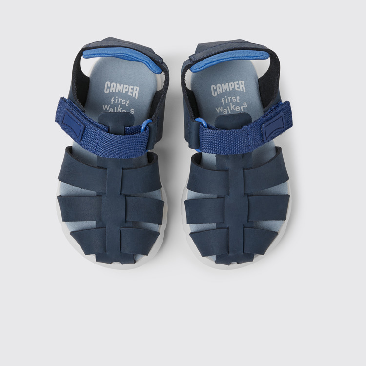 Overhead view of Oruga Blue leather and textile sandals