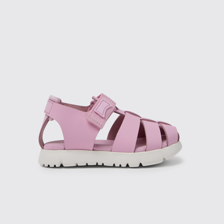 Side view of Oruga Pink leather and textile sandals