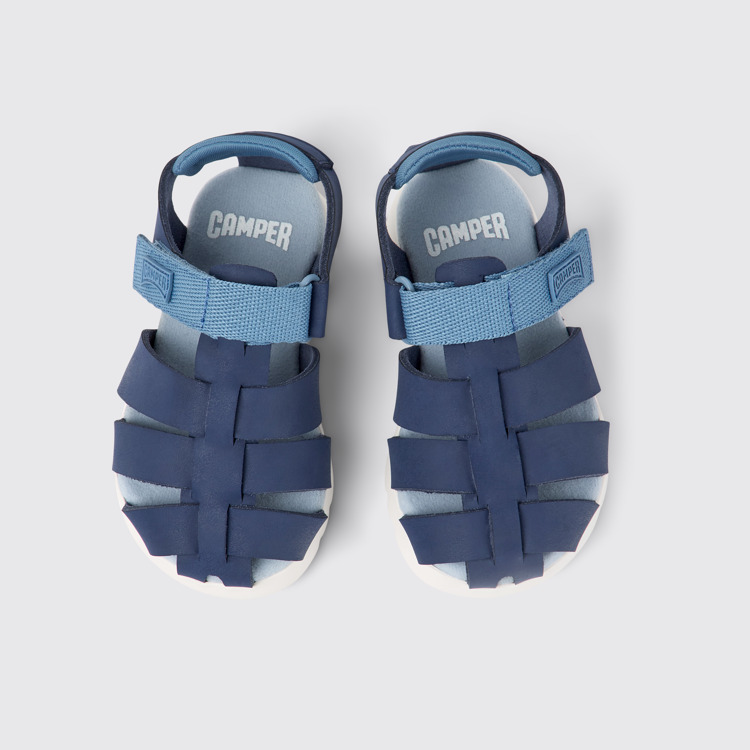 Overhead view of Oruga Blue leather and textile sandals for kids