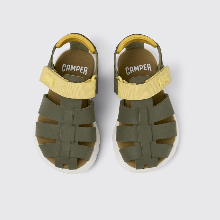 Overhead view of Oruga Green leather and textile sandals for kids