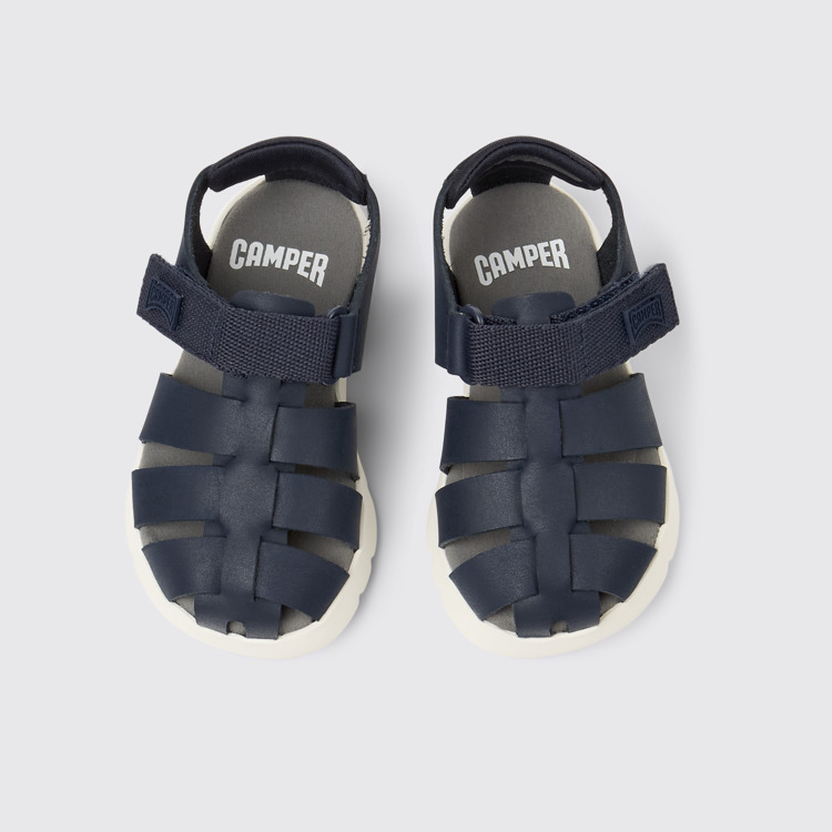 Overhead view of Oruga Blue Leather Kids' Closed Sandals.