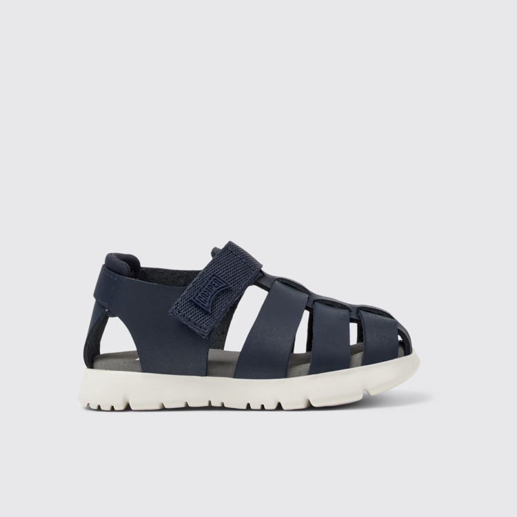 Side view of Oruga Blue Leather Kids' Closed Sandals.