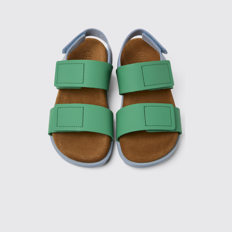 Overhead view of Brutus Sandal Green and blue leather sandals for kids