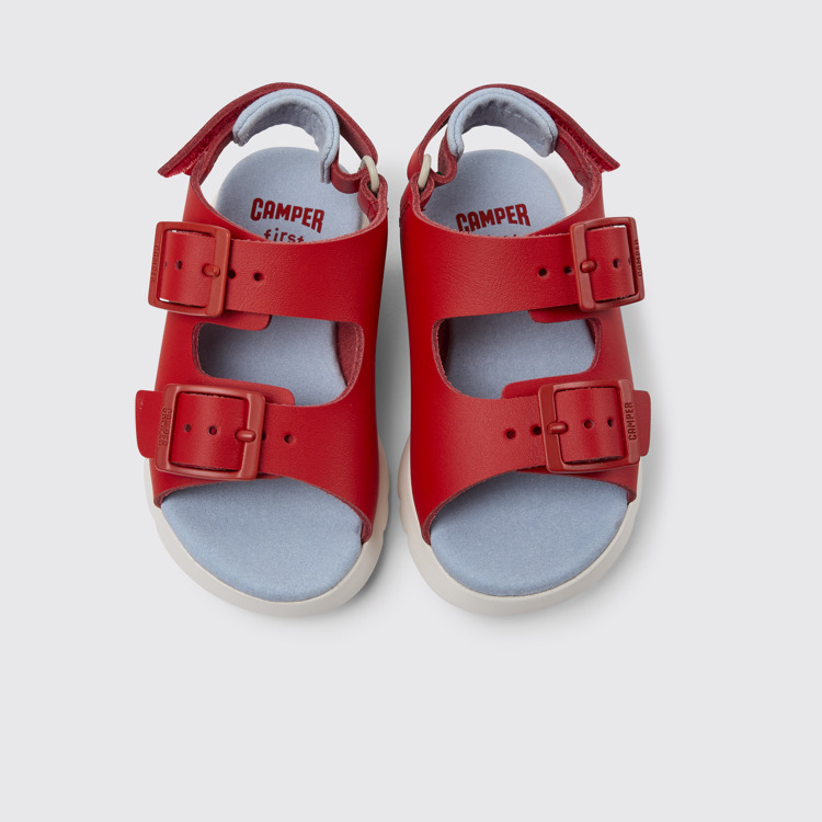 Overhead view of Oruga Red leather sandals for kids