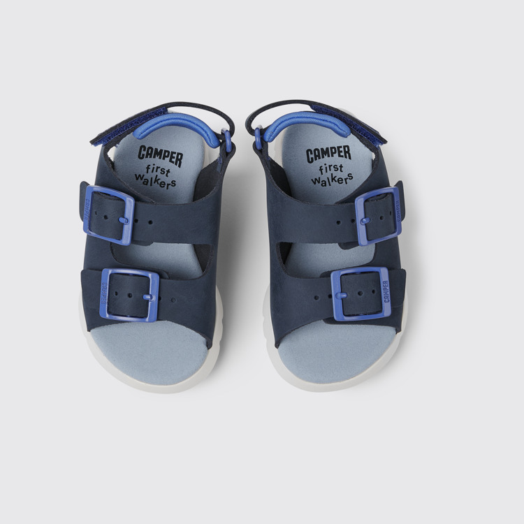 Overhead view of Oruga Blue leather sandals for kids