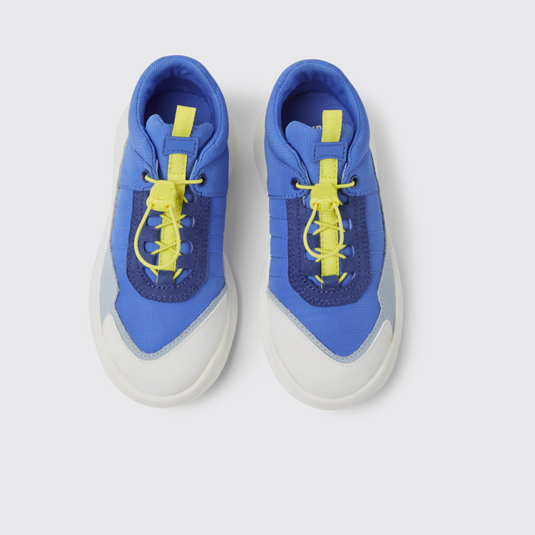 Overhead view of CRCLR Blue and white sneakers for kids